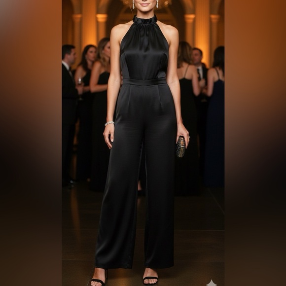Rachel Zoe Black Satin Halter Jumpsuit - Picture 1 of 9